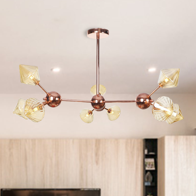 Diamond Living Room Chandelier Lamp Amber/Clear Glass 3/9/12 Lights Farmhouse Style Hanging Fixture, 13"/27.5"/34" Wide 9 Amber 34" Clearhalo 'Ceiling Lights' 'Chandeliers' 'Clear' 'Glass shade' 'Glass' 'Industrial Chandeliers' 'Industrial' 'Middle Century Chandeliers' 'Modern' 'Tiffany' 'Traditional Chandeliers' Lighting' 281820