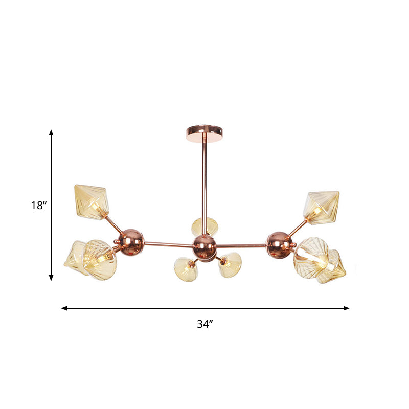 Diamond Living Room Chandelier Lamp Amber/Clear Glass 3/9/12 Lights Farmhouse Style Hanging Fixture, 13"/27.5"/34" Wide Clearhalo 'Ceiling Lights' 'Chandeliers' 'Clear' 'Glass shade' 'Glass' 'Industrial Chandeliers' 'Industrial' 'Middle Century Chandeliers' 'Modern' 'Tiffany' 'Traditional Chandeliers' Lighting' 281823