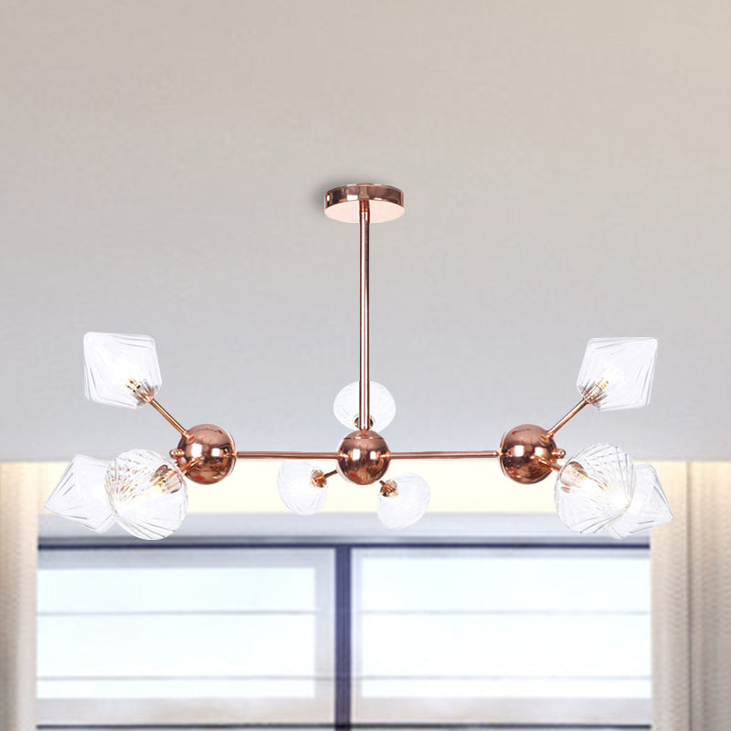 Diamond Living Room Chandelier Lamp Amber/Clear Glass 3/9/12 Lights Farmhouse Style Hanging Fixture, 13"/27.5"/34" Wide 9 Clear 34" Clearhalo 'Ceiling Lights' 'Chandeliers' 'Clear' 'Glass shade' 'Glass' 'Industrial Chandeliers' 'Industrial' 'Middle Century Chandeliers' 'Modern' 'Tiffany' 'Traditional Chandeliers' Lighting' 281824