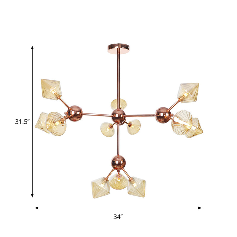 Diamond Living Room Chandelier Lamp Amber/Clear Glass 3/9/12 Lights Farmhouse Style Hanging Fixture, 13"/27.5"/34" Wide Clearhalo 'Ceiling Lights' 'Chandeliers' 'Clear' 'Glass shade' 'Glass' 'Industrial Chandeliers' 'Industrial' 'Middle Century Chandeliers' 'Modern' 'Tiffany' 'Traditional Chandeliers' Lighting' 281843