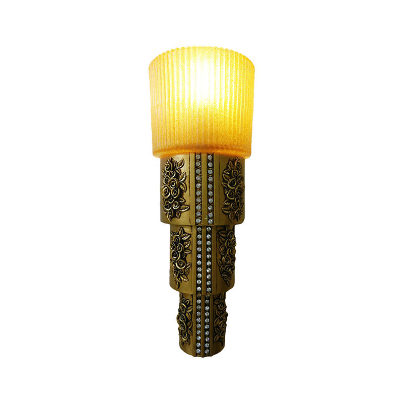 1 Light Wall Mounted Light with Cylinder Amber Glass Rustic Style Indoor Gold Finish Wall Lighting Clearhalo 'Wall Lamps & Sconces' 'Wall Lights' Lighting' 282024