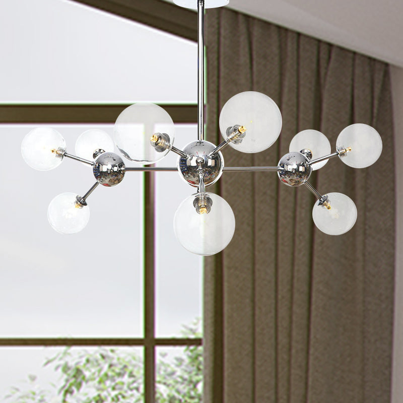 13"/27.5"/34" W Orbit Shade Hanging Chandelier Light Industrial Style Amber/Clear/Smoke Gray Glass 3/9/12 Lights Warehouse Pendant Lamp 9 Clear 34" Clearhalo 'Ceiling Lights' 'Chandeliers' 'Clear' 'Glass shade' 'Glass' 'Industrial Chandeliers' 'Industrial' 'Middle Century Chandeliers' 'Modern' 'Tiffany' 'Traditional Chandeliers' Lighting' 282094