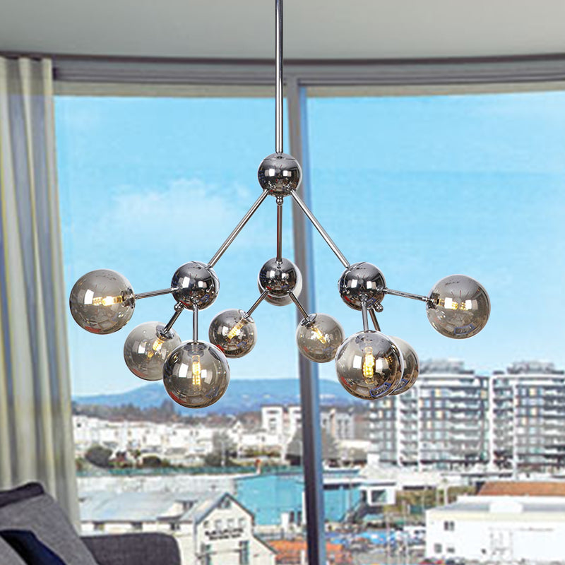 13"/27.5"/34" W Orbit Shade Hanging Chandelier Light Industrial Style Amber/Clear/Smoke Gray Glass 3/9/12 Lights Warehouse Pendant Lamp 9 Smoke Gray 27.5" Clearhalo 'Ceiling Lights' 'Chandeliers' 'Clear' 'Glass shade' 'Glass' 'Industrial Chandeliers' 'Industrial' 'Middle Century Chandeliers' 'Modern' 'Tiffany' 'Traditional Chandeliers' Lighting' 282102