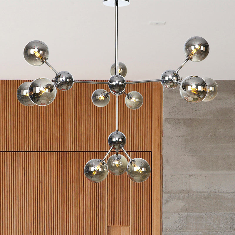 13"/27.5"/34" W Orbit Shade Hanging Chandelier Light Industrial Style Amber/Clear/Smoke Gray Glass 3/9/12 Lights Warehouse Pendant Lamp 12 Smoke Gray 34" Clearhalo 'Ceiling Lights' 'Chandeliers' 'Clear' 'Glass shade' 'Glass' 'Industrial Chandeliers' 'Industrial' 'Middle Century Chandeliers' 'Modern' 'Tiffany' 'Traditional Chandeliers' Lighting' 282114