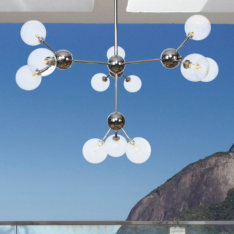 13"/27.5"/34" W Orbit Shade Hanging Chandelier Light Industrial Style Amber/Clear/Smoke Gray Glass 3/9/12 Lights Warehouse Pendant Lamp 12 Clear 34" Clearhalo 'Ceiling Lights' 'Chandeliers' 'Clear' 'Glass shade' 'Glass' 'Industrial Chandeliers' 'Industrial' 'Middle Century Chandeliers' 'Modern' 'Tiffany' 'Traditional Chandeliers' Lighting' 282118