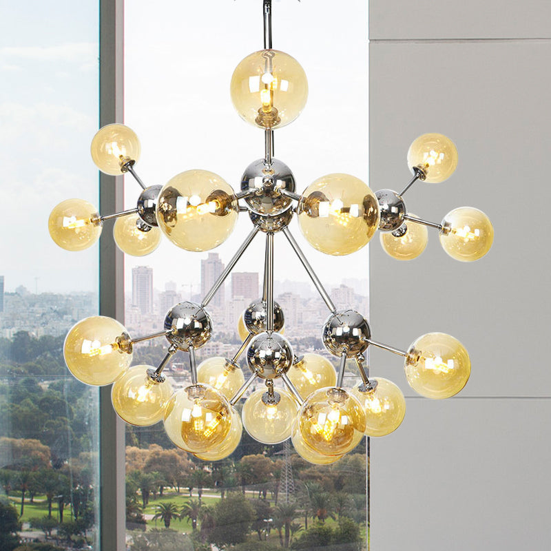 13"/27.5"/34" W Orbit Shade Hanging Chandelier Light Industrial Style Amber/Clear/Smoke Gray Glass 3/9/12 Lights Warehouse Pendant Lamp 21 Amber 34" Clearhalo 'Ceiling Lights' 'Chandeliers' 'Clear' 'Glass shade' 'Glass' 'Industrial Chandeliers' 'Industrial' 'Middle Century Chandeliers' 'Modern' 'Tiffany' 'Traditional Chandeliers' Lighting' 282138