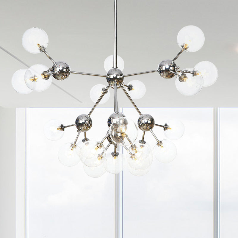 13"/27.5"/34" W Orbit Shade Hanging Chandelier Light Industrial Style Amber/Clear/Smoke Gray Glass 3/9/12 Lights Warehouse Pendant Lamp 21 Clear 34" Clearhalo 'Ceiling Lights' 'Chandeliers' 'Clear' 'Glass shade' 'Glass' 'Industrial Chandeliers' 'Industrial' 'Middle Century Chandeliers' 'Modern' 'Tiffany' 'Traditional Chandeliers' Lighting' 282142