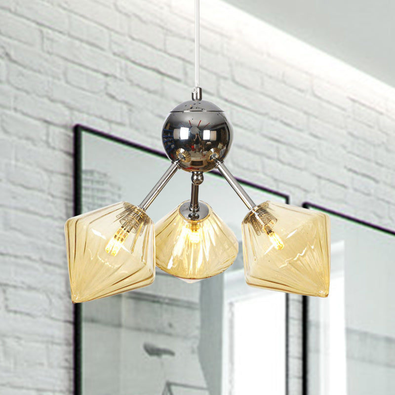 Amber/Clear Glass Diamond Pendant Light Industrial Stylish 3/9/12 Bulbs Chandelier Light Fixture, 13"/27.5"/34" Width 3 Amber 13" Clearhalo 'Cast Iron' 'Ceiling Lights' 'Chandeliers' 'Clear' 'Industrial Chandeliers' 'Industrial' 'Metal' 'Middle Century Chandeliers' 'Modern' 'Rustic Chandeliers' 'Tiffany' 'Traditional Chandeliers' Lighting' 282199