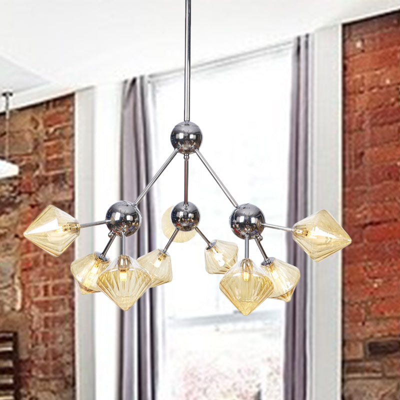 Amber/Clear Glass Diamond Pendant Light Industrial Stylish 3/9/12 Bulbs Chandelier Light Fixture, 13"/27.5"/34" Width 9 Amber 27.5" Clearhalo 'Cast Iron' 'Ceiling Lights' 'Chandeliers' 'Clear' 'Industrial Chandeliers' 'Industrial' 'Metal' 'Middle Century Chandeliers' 'Modern' 'Rustic Chandeliers' 'Tiffany' 'Traditional Chandeliers' Lighting' 282217