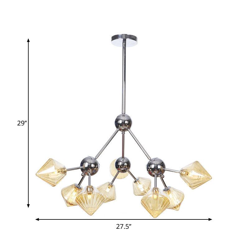 Amber/Clear Glass Diamond Pendant Light Industrial Stylish 3/9/12 Bulbs Chandelier Light Fixture, 13"/27.5"/34" Width Clearhalo 'Cast Iron' 'Ceiling Lights' 'Chandeliers' 'Clear' 'Industrial Chandeliers' 'Industrial' 'Metal' 'Middle Century Chandeliers' 'Modern' 'Rustic Chandeliers' 'Tiffany' 'Traditional Chandeliers' Lighting' 282220