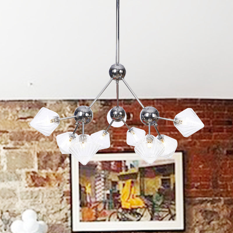 Amber/Clear Glass Diamond Pendant Light Industrial Stylish 3/9/12 Bulbs Chandelier Light Fixture, 13"/27.5"/34" Width 9 Clear 27.5" Clearhalo 'Cast Iron' 'Ceiling Lights' 'Chandeliers' 'Clear' 'Industrial Chandeliers' 'Industrial' 'Metal' 'Middle Century Chandeliers' 'Modern' 'Rustic Chandeliers' 'Tiffany' 'Traditional Chandeliers' Lighting' 282221