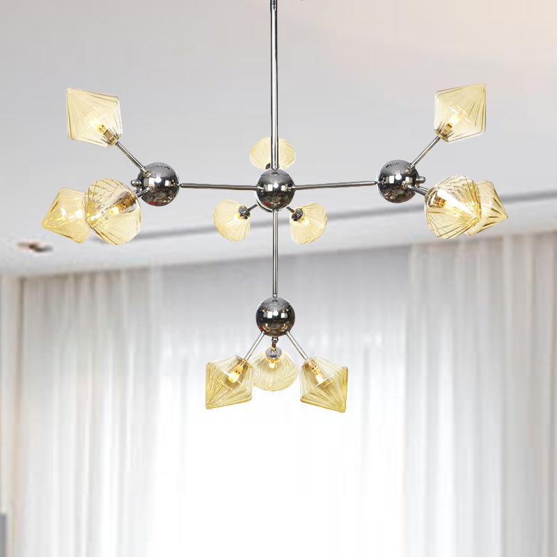 Amber/Clear Glass Diamond Pendant Light Industrial Stylish 3/9/12 Bulbs Chandelier Light Fixture, 13"/27.5"/34" Width 12 Amber 34" Clearhalo 'Cast Iron' 'Ceiling Lights' 'Chandeliers' 'Clear' 'Industrial Chandeliers' 'Industrial' 'Metal' 'Middle Century Chandeliers' 'Modern' 'Rustic Chandeliers' 'Tiffany' 'Traditional Chandeliers' Lighting' 282225