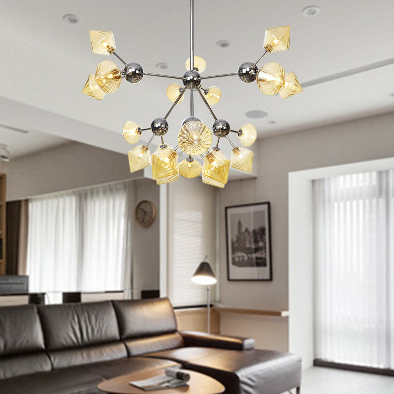 Amber/Clear Glass Diamond Pendant Light Industrial Stylish 3/9/12 Bulbs Chandelier Light Fixture, 13"/27.5"/34" Width Clearhalo 'Cast Iron' 'Ceiling Lights' 'Chandeliers' 'Clear' 'Industrial Chandeliers' 'Industrial' 'Metal' 'Middle Century Chandeliers' 'Modern' 'Rustic Chandeliers' 'Tiffany' 'Traditional Chandeliers' Lighting' 282242