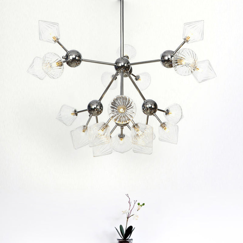Amber/Clear Glass Diamond Pendant Light Industrial Stylish 3/9/12 Bulbs Chandelier Light Fixture, 13"/27.5"/34" Width 21 Clear 34" Clearhalo 'Cast Iron' 'Ceiling Lights' 'Chandeliers' 'Clear' 'Industrial Chandeliers' 'Industrial' 'Metal' 'Middle Century Chandeliers' 'Modern' 'Rustic Chandeliers' 'Tiffany' 'Traditional Chandeliers' Lighting' 282245