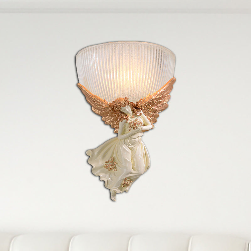 10"/12" W 1 Bulb Wall Sconce Lodge Style Bowl Frosted Glass Wall Mount Light with Gold/White Angel Design, Left/Right Red Left Clearhalo 'Wall Lamps & Sconces' 'Wall Lights' Lighting' 282259