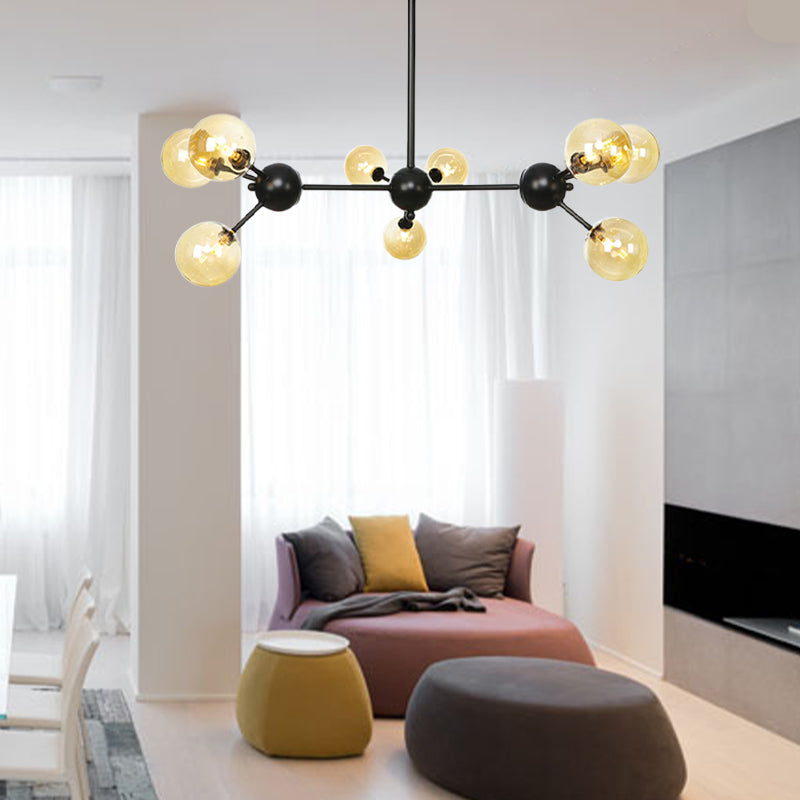 Orb Living Room Chandelier Lamp Amber/Clear/Smoke Gray Glass 3/9/12 Lights Industrial Ceiling Light with Sputnik Design, 13"/27.5"/34" Wide Clearhalo 'Cast Iron' 'Ceiling Lights' 'Chandeliers' 'Clear' 'Industrial Chandeliers' 'Industrial' 'Metal' 'Middle Century Chandeliers' 'Modern' 'Rustic Chandeliers' 'Tiffany' 'Traditional Chandeliers' Lighting' 282365