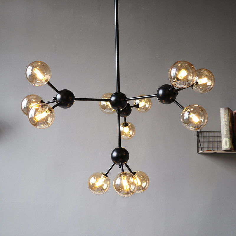Orb Living Room Chandelier Lamp Amber/Clear/Smoke Gray Glass 3/9/12 Lights Industrial Ceiling Light with Sputnik Design, 13"/27.5"/34" Wide 12 Amber 34" Clearhalo 'Cast Iron' 'Ceiling Lights' 'Chandeliers' 'Clear' 'Industrial Chandeliers' 'Industrial' 'Metal' 'Middle Century Chandeliers' 'Modern' 'Rustic Chandeliers' 'Tiffany' 'Traditional Chandeliers' Lighting' 282388