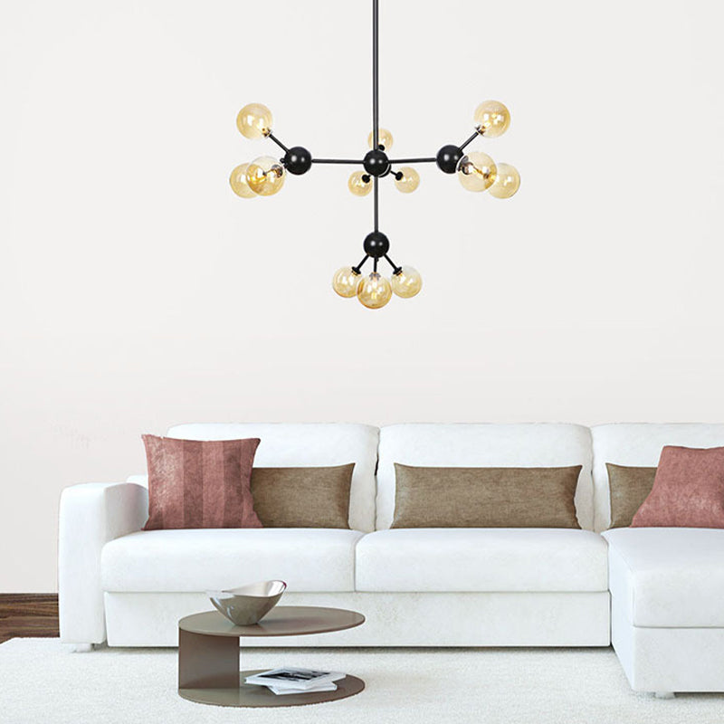Orb Living Room Chandelier Lamp Amber/Clear/Smoke Gray Glass 3/9/12 Lights Industrial Ceiling Light with Sputnik Design, 13"/27.5"/34" Wide Clearhalo 'Cast Iron' 'Ceiling Lights' 'Chandeliers' 'Clear' 'Industrial Chandeliers' 'Industrial' 'Metal' 'Middle Century Chandeliers' 'Modern' 'Rustic Chandeliers' 'Tiffany' 'Traditional Chandeliers' Lighting' 282389