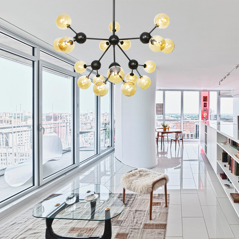 Orb Living Room Chandelier Lamp Amber/Clear/Smoke Gray Glass 3/9/12 Lights Industrial Ceiling Light with Sputnik Design, 13"/27.5"/34" Wide Clearhalo 'Cast Iron' 'Ceiling Lights' 'Chandeliers' 'Clear' 'Industrial Chandeliers' 'Industrial' 'Metal' 'Middle Century Chandeliers' 'Modern' 'Rustic Chandeliers' 'Tiffany' 'Traditional Chandeliers' Lighting' 282401