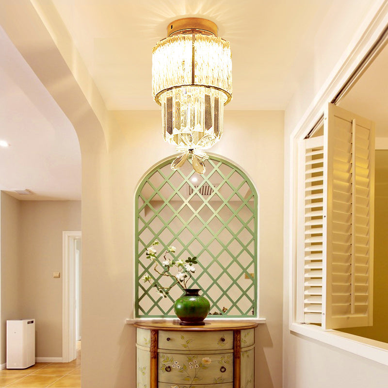 LED Hallway Ceiling Mounted Light Modern Gold Semi Flush Light Fixture with Cylinder K9 Crystal Shade Clearhalo 'Ceiling Lights' 'Close To Ceiling Lights' 'Close to ceiling' 'Semi-flushmount' Lighting' 282426