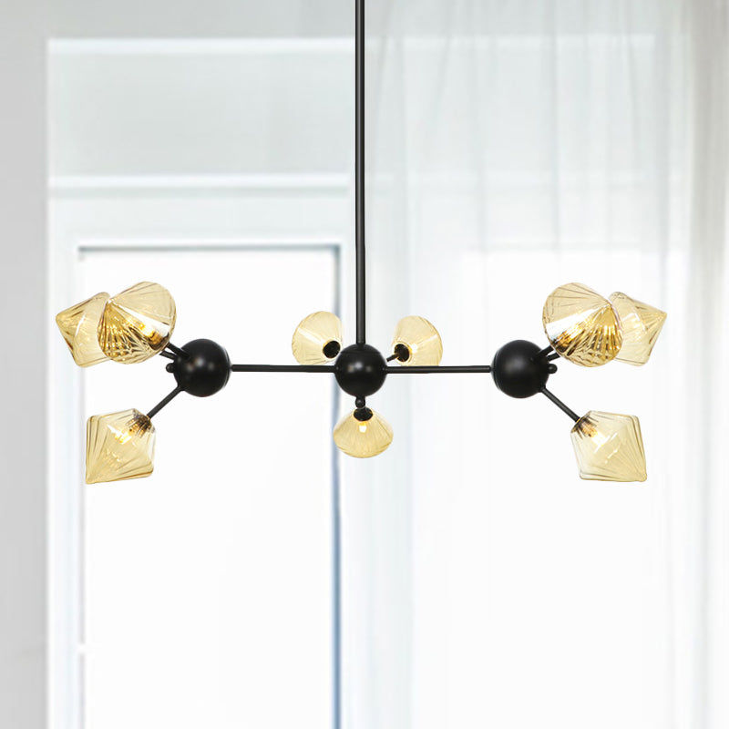 13"/27.5"/34" W Diamond Living Room Chandelier Lamp Amber/Clear Glass 3/9/12 Heads Warehouse Style Pendant Lighting with Sputnik Design 9 Amber 34" Clearhalo 'Ceiling Lights' 'Chandeliers' 'Clear' 'Glass shade' 'Glass' 'Industrial Chandeliers' 'Industrial' 'Middle Century Chandeliers' 'Modern' 'Tiffany' 'Traditional Chandeliers' Lighting' 282531