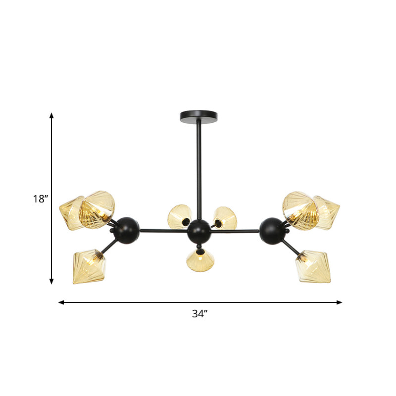 13"/27.5"/34" W Diamond Living Room Chandelier Lamp Amber/Clear Glass 3/9/12 Heads Warehouse Style Pendant Lighting with Sputnik Design Clearhalo 'Ceiling Lights' 'Chandeliers' 'Clear' 'Glass shade' 'Glass' 'Industrial Chandeliers' 'Industrial' 'Middle Century Chandeliers' 'Modern' 'Tiffany' 'Traditional Chandeliers' Lighting' 282534
