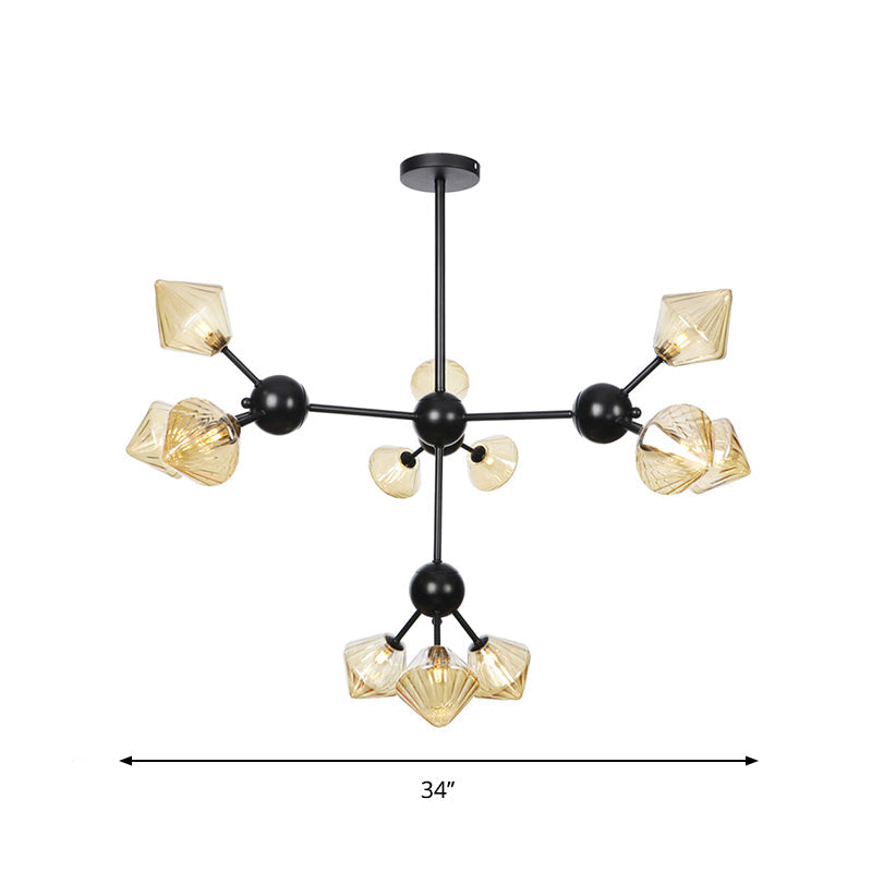 13"/27.5"/34" W Diamond Living Room Chandelier Lamp Amber/Clear Glass 3/9/12 Heads Warehouse Style Pendant Lighting with Sputnik Design Clearhalo 'Ceiling Lights' 'Chandeliers' 'Clear' 'Glass shade' 'Glass' 'Industrial Chandeliers' 'Industrial' 'Middle Century Chandeliers' 'Modern' 'Tiffany' 'Traditional Chandeliers' Lighting' 282550
