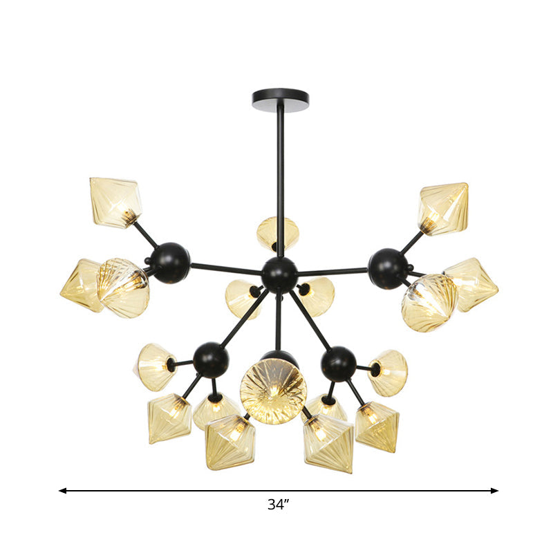 13"/27.5"/34" W Diamond Living Room Chandelier Lamp Amber/Clear Glass 3/9/12 Heads Warehouse Style Pendant Lighting with Sputnik Design Clearhalo 'Ceiling Lights' 'Chandeliers' 'Clear' 'Glass shade' 'Glass' 'Industrial Chandeliers' 'Industrial' 'Middle Century Chandeliers' 'Modern' 'Tiffany' 'Traditional Chandeliers' Lighting' 282558