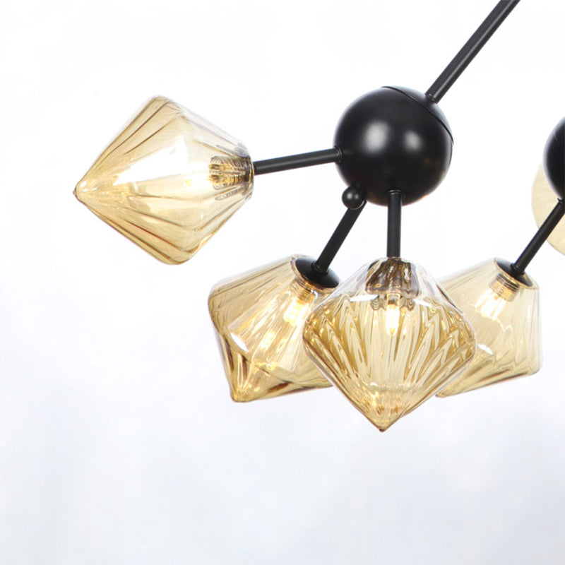 13"/27.5"/34" W Diamond Living Room Chandelier Lamp Amber/Clear Glass 3/9/12 Heads Warehouse Style Pendant Lighting with Sputnik Design Clearhalo 'Ceiling Lights' 'Chandeliers' 'Clear' 'Glass shade' 'Glass' 'Industrial Chandeliers' 'Industrial' 'Middle Century Chandeliers' 'Modern' 'Tiffany' 'Traditional Chandeliers' Lighting' 282559