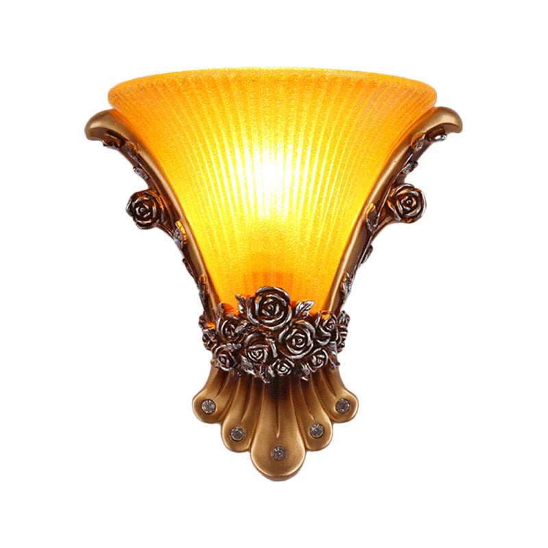 1 Light Wall Lamp with Flared Shade Yellow Glass Modernist Style Bedroom Wall Light Sconce with Rose Deco Clearhalo 'Wall Lamps & Sconces' 'Wall Lights' Lighting' 282613