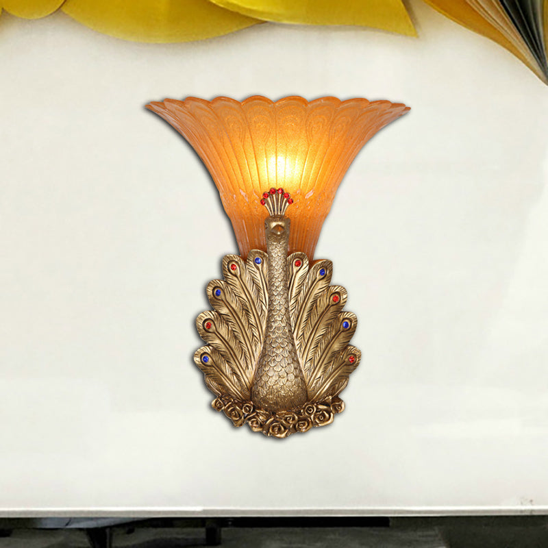 1 Light Peacock Wall Mount Lamp Rustic Style Red/Gold Finish Resin Wall Light with Orange Glass Scalloped Shade, 9.5"/13" W Red 13" Clearhalo 'Wall Lamps & Sconces' 'Wall Lights' Lighting' 282663