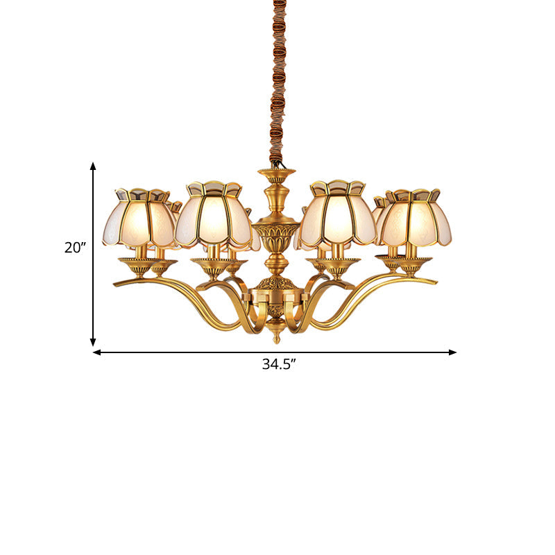 6 Lights Scalloped Chandelier Pendant Lamp Colonialist Brass Frosted Glass Hanging Ceiling Light Clearhalo 'Ceiling Lights' 'Chandeliers' 'Glass shade' 'Glass' Lighting' 282750