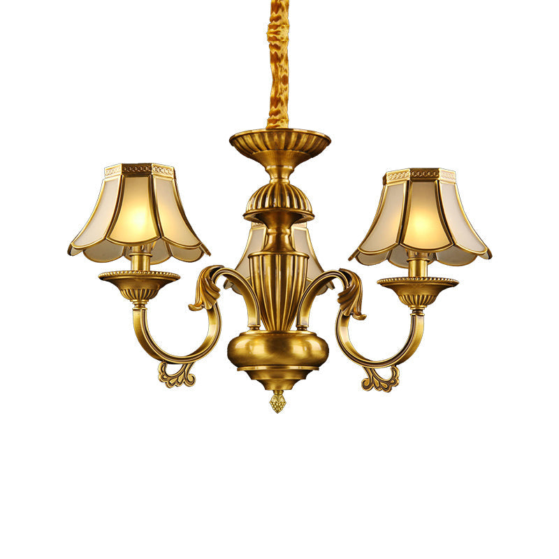 3/8 Lights Suspension Lighting Colonial Flared Frosted Glass Chandelier Pendant Lamp in Gold Clearhalo 'Ceiling Lights' 'Chandeliers' 'Close To Ceiling Lights' 'Glass shade' 'Glass' Lighting' 282848