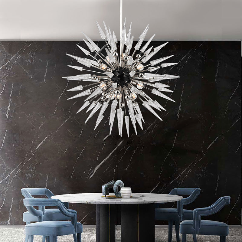 Clear Crystal Starburst Chandelier Lighting Modern 9 Lights Silver Hanging Pendant for Restaurant Clearhalo 'Ceiling Lights' 'Chandeliers' 'Modern Chandeliers' 'Modern' Lighting' 282940
