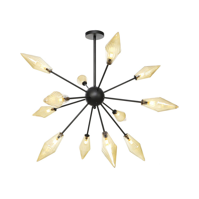 Diamond Shade Chandelier Light Fixture Mid-Century Amber/Clear Ribbed Glass 9/12/15 Lights Living Room Pendant Lighting Clearhalo 'Cast Iron' 'Ceiling Lights' 'Chandeliers' 'Clear' 'Industrial Chandeliers' 'Industrial' 'Metal' 'Middle Century Chandeliers' 'Modern' 'Rustic Chandeliers' 'Tiffany' 'Traditional Chandeliers' Lighting' 282959
