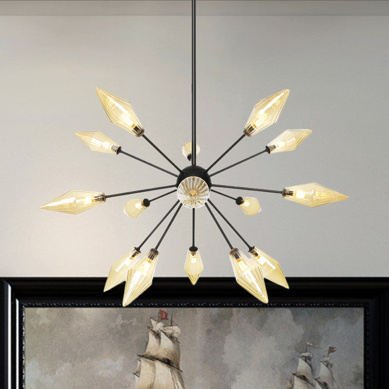Diamond Shade Chandelier Light Fixture Mid-Century Amber/Clear Ribbed Glass 9/12/15 Lights Living Room Pendant Lighting 15 Amber Clearhalo 'Cast Iron' 'Ceiling Lights' 'Chandeliers' 'Clear' 'Industrial Chandeliers' 'Industrial' 'Metal' 'Middle Century Chandeliers' 'Modern' 'Rustic Chandeliers' 'Tiffany' 'Traditional Chandeliers' Lighting' 282961