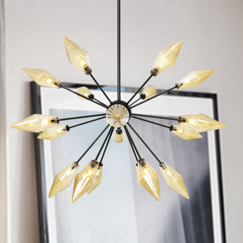 Diamond Shade Chandelier Light Fixture Mid-Century Amber/Clear Ribbed Glass 9/12/15 Lights Living Room Pendant Lighting 18 Amber Clearhalo 'Cast Iron' 'Ceiling Lights' 'Chandeliers' 'Clear' 'Industrial Chandeliers' 'Industrial' 'Metal' 'Middle Century Chandeliers' 'Modern' 'Rustic Chandeliers' 'Tiffany' 'Traditional Chandeliers' Lighting' 282973