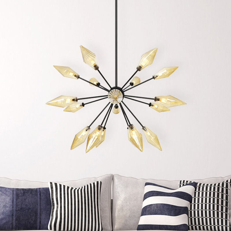 Diamond Shade Chandelier Light Fixture Mid-Century Amber/Clear Ribbed Glass 9/12/15 Lights Living Room Pendant Lighting Clearhalo 'Cast Iron' 'Ceiling Lights' 'Chandeliers' 'Clear' 'Industrial Chandeliers' 'Industrial' 'Metal' 'Middle Century Chandeliers' 'Modern' 'Rustic Chandeliers' 'Tiffany' 'Traditional Chandeliers' Lighting' 282974