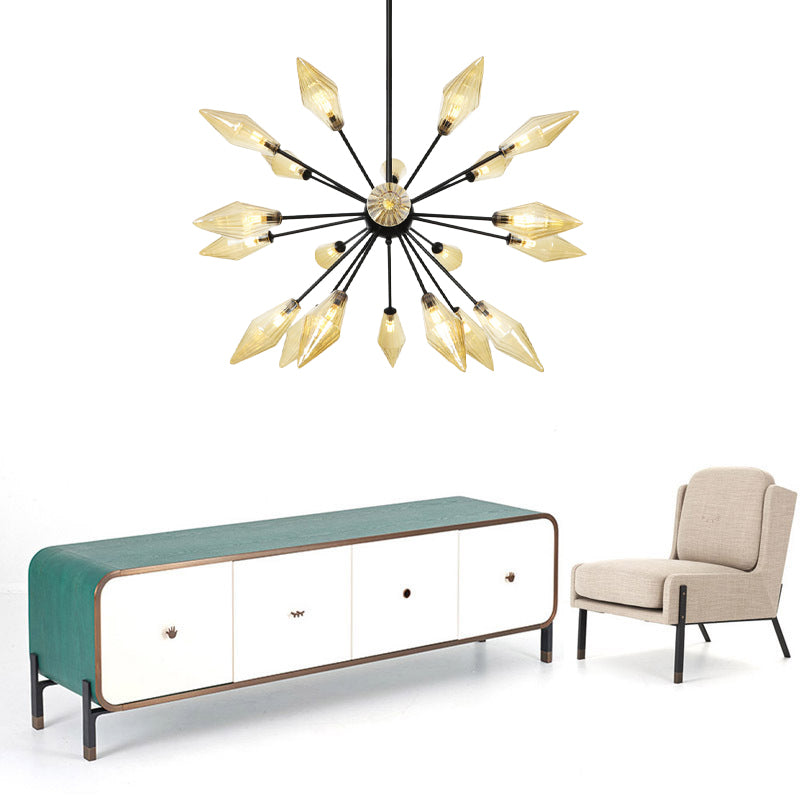 Diamond Shade Chandelier Light Fixture Mid-Century Amber/Clear Ribbed Glass 9/12/15 Lights Living Room Pendant Lighting Clearhalo 'Cast Iron' 'Ceiling Lights' 'Chandeliers' 'Clear' 'Industrial Chandeliers' 'Industrial' 'Metal' 'Middle Century Chandeliers' 'Modern' 'Rustic Chandeliers' 'Tiffany' 'Traditional Chandeliers' Lighting' 282978