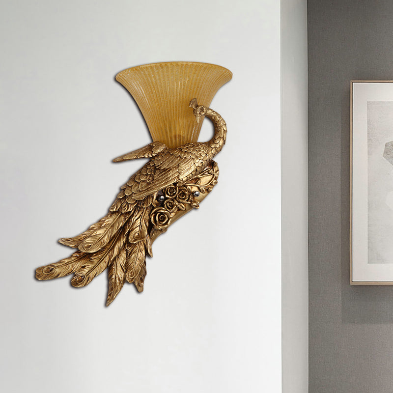 1 Head Sconce Light Fixture Vintage Style Bell Yellow Glass Wall Lamp with Golden Peacock Design, Left/Right Gold Left Clearhalo 'Wall Lamps & Sconces' 'Wall Lights' Lighting' 283003