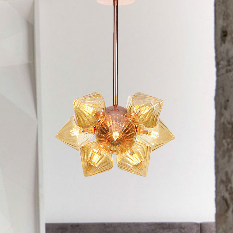 Diamond Amber/Clear Glass Chandelier Lamp Farmhouse Stylish 9/12 Heads Copper/Gold Finish Hanging Lighting 9 Copper Amber Clearhalo 'Cast Iron' 'Ceiling Lights' 'Chandeliers' 'Industrial Chandeliers' 'Industrial' 'Metal' 'Middle Century Chandeliers' 'Rustic Chandeliers' 'Tiffany' Lighting' 283068