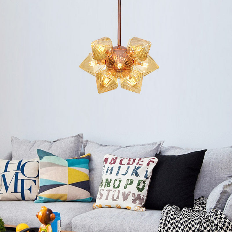Diamond Amber/Clear Glass Chandelier Lamp Farmhouse Stylish 9/12 Heads Copper/Gold Finish Hanging Lighting Clearhalo 'Cast Iron' 'Ceiling Lights' 'Chandeliers' 'Industrial Chandeliers' 'Industrial' 'Metal' 'Middle Century Chandeliers' 'Rustic Chandeliers' 'Tiffany' Lighting' 283070