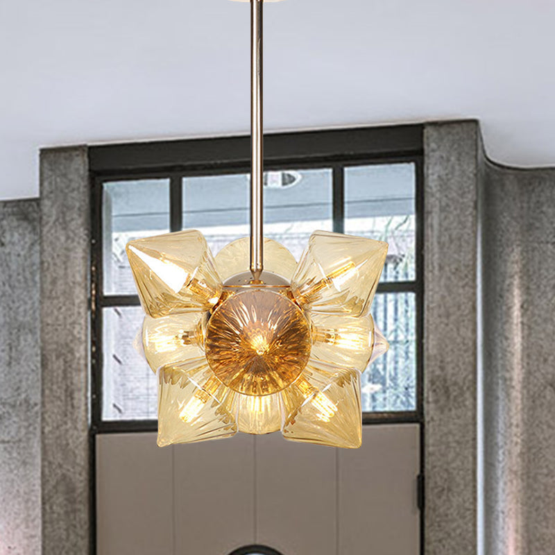 Diamond Amber/Clear Glass Chandelier Lamp Farmhouse Stylish 9/12 Heads Copper/Gold Finish Hanging Lighting 12 Gold Amber Clearhalo 'Cast Iron' 'Ceiling Lights' 'Chandeliers' 'Industrial Chandeliers' 'Industrial' 'Metal' 'Middle Century Chandeliers' 'Rustic Chandeliers' 'Tiffany' Lighting' 283093