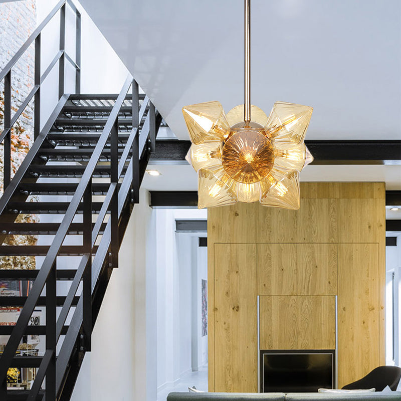 Diamond Amber/Clear Glass Chandelier Lamp Farmhouse Stylish 9/12 Heads Copper/Gold Finish Hanging Lighting Clearhalo 'Cast Iron' 'Ceiling Lights' 'Chandeliers' 'Industrial Chandeliers' 'Industrial' 'Metal' 'Middle Century Chandeliers' 'Rustic Chandeliers' 'Tiffany' Lighting' 283094