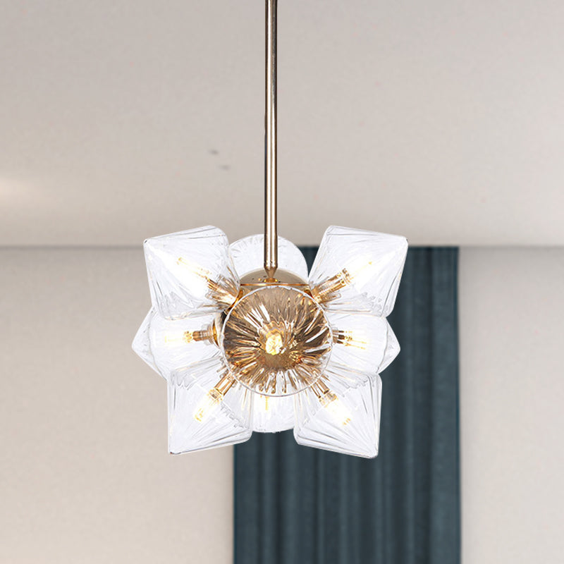 Diamond Amber/Clear Glass Chandelier Lamp Farmhouse Stylish 9/12 Heads Copper/Gold Finish Hanging Lighting 12 Gold Clear Clearhalo 'Cast Iron' 'Ceiling Lights' 'Chandeliers' 'Industrial Chandeliers' 'Industrial' 'Metal' 'Middle Century Chandeliers' 'Rustic Chandeliers' 'Tiffany' Lighting' 283097