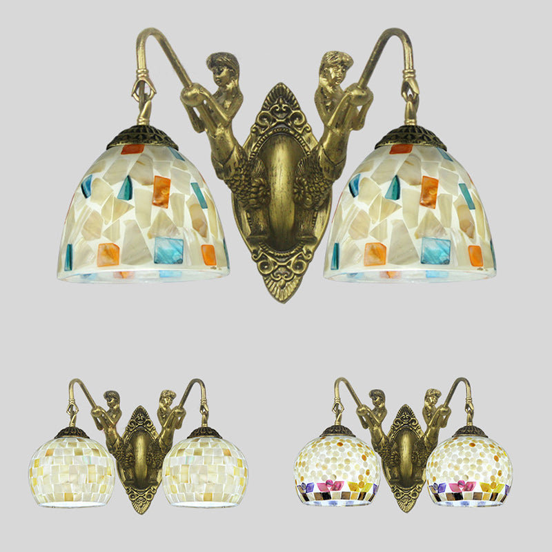 Shell Mosaic Wall Mount Light Tiffany 2 Heads Beige/White-Yellow/Yellow-Blue Sconce Light Fixture with Mermaid Decoration Clearhalo 'Industrial' 'Middle century wall lights' 'Tiffany wall lights' 'Tiffany' 'Wall Lamps & Sconces' 'Wall Lights' Lighting' 28311