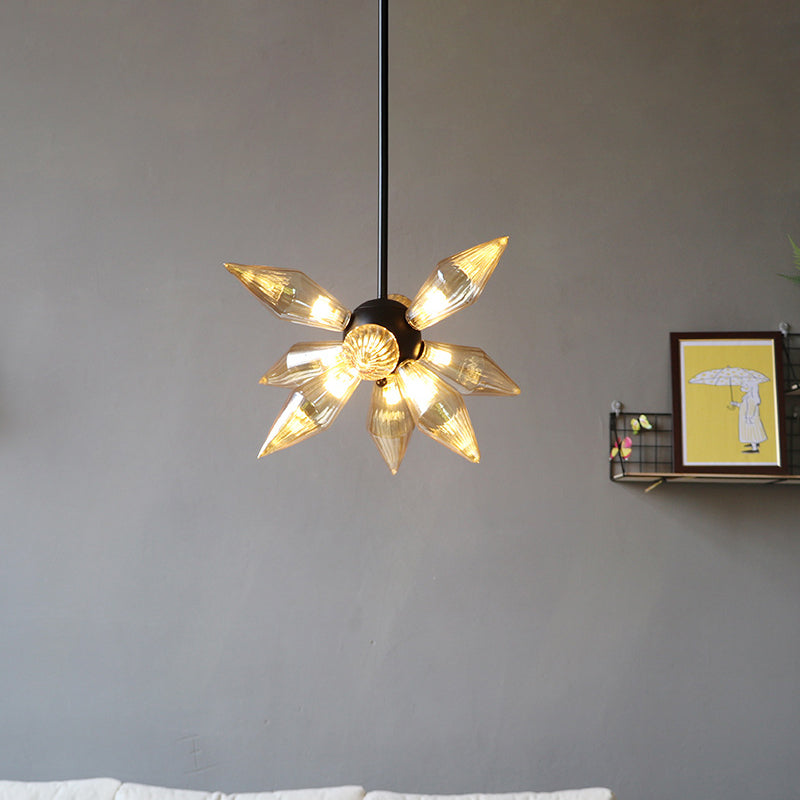 Starburst Design Pendant Lighting Industrial Amber/Clear Ribbed Glass 9/12/15 Heads Bedroom Hanging Chandelier Lamp Clearhalo 'Ceiling Lights' 'Chandeliers' 'Clear' 'Close To Ceiling Lights' 'Glass shade' 'Glass' 'Industrial Chandeliers' 'Industrial' 'Middle Century Chandeliers' 'Modern' 'Tiffany' 'Traditional Chandeliers' Lighting' 283194
