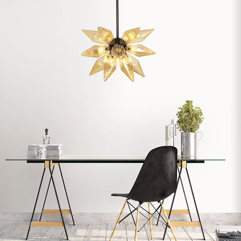 Starburst Design Pendant Lighting Industrial Amber/Clear Ribbed Glass 9/12/15 Heads Bedroom Hanging Chandelier Lamp Clearhalo 'Ceiling Lights' 'Chandeliers' 'Clear' 'Close To Ceiling Lights' 'Glass shade' 'Glass' 'Industrial Chandeliers' 'Industrial' 'Middle Century Chandeliers' 'Modern' 'Tiffany' 'Traditional Chandeliers' Lighting' 283207