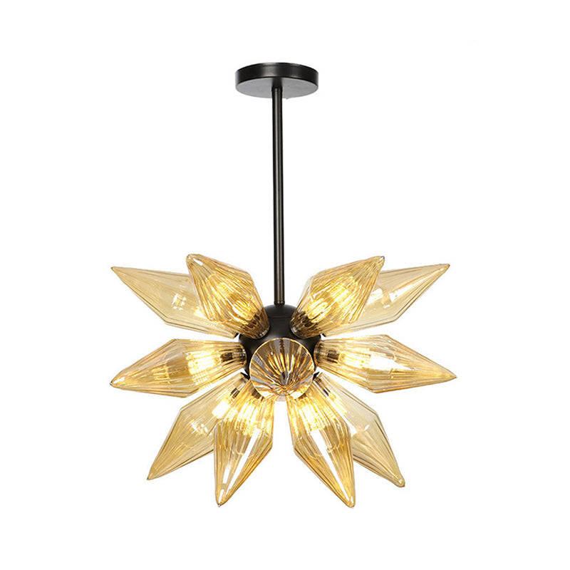 Starburst Design Pendant Lighting Industrial Amber/Clear Ribbed Glass 9/12/15 Heads Bedroom Hanging Chandelier Lamp Clearhalo 'Ceiling Lights' 'Chandeliers' 'Clear' 'Close To Ceiling Lights' 'Glass shade' 'Glass' 'Industrial Chandeliers' 'Industrial' 'Middle Century Chandeliers' 'Modern' 'Tiffany' 'Traditional Chandeliers' Lighting' 283208