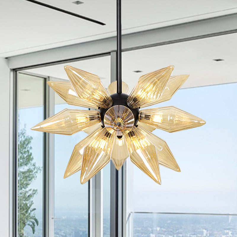 Starburst Design Pendant Lighting Industrial Amber/Clear Ribbed Glass 9/12/15 Heads Bedroom Hanging Chandelier Lamp 15 Amber Clearhalo 'Ceiling Lights' 'Chandeliers' 'Clear' 'Close To Ceiling Lights' 'Glass shade' 'Glass' 'Industrial Chandeliers' 'Industrial' 'Middle Century Chandeliers' 'Modern' 'Tiffany' 'Traditional Chandeliers' Lighting' 283210